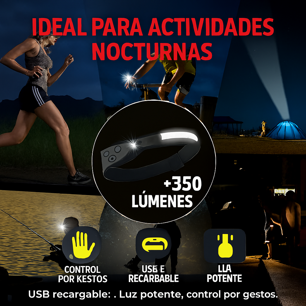 Linterna Frontal LED 350 Lúmenes USB Recargable + Control por Gestos®