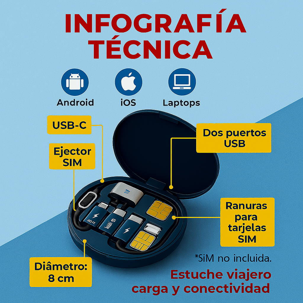 Estuche Viajero con Adaptadores USB, Cable de Carga y Herramienta SIM®