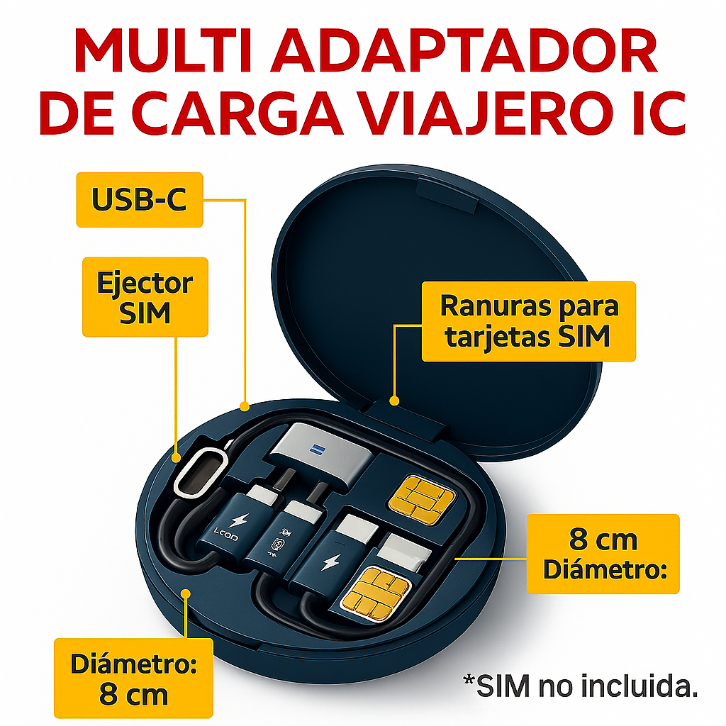 Estuche Viajero con Adaptadores USB, Cable de Carga y Herramienta SIM®