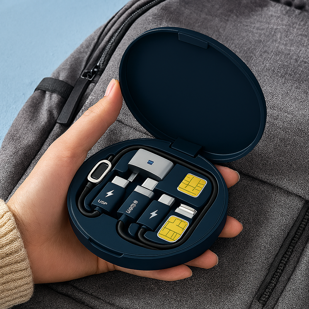 Estuche Viajero con Adaptadores USB, Cable de Carga y Herramienta SIM®