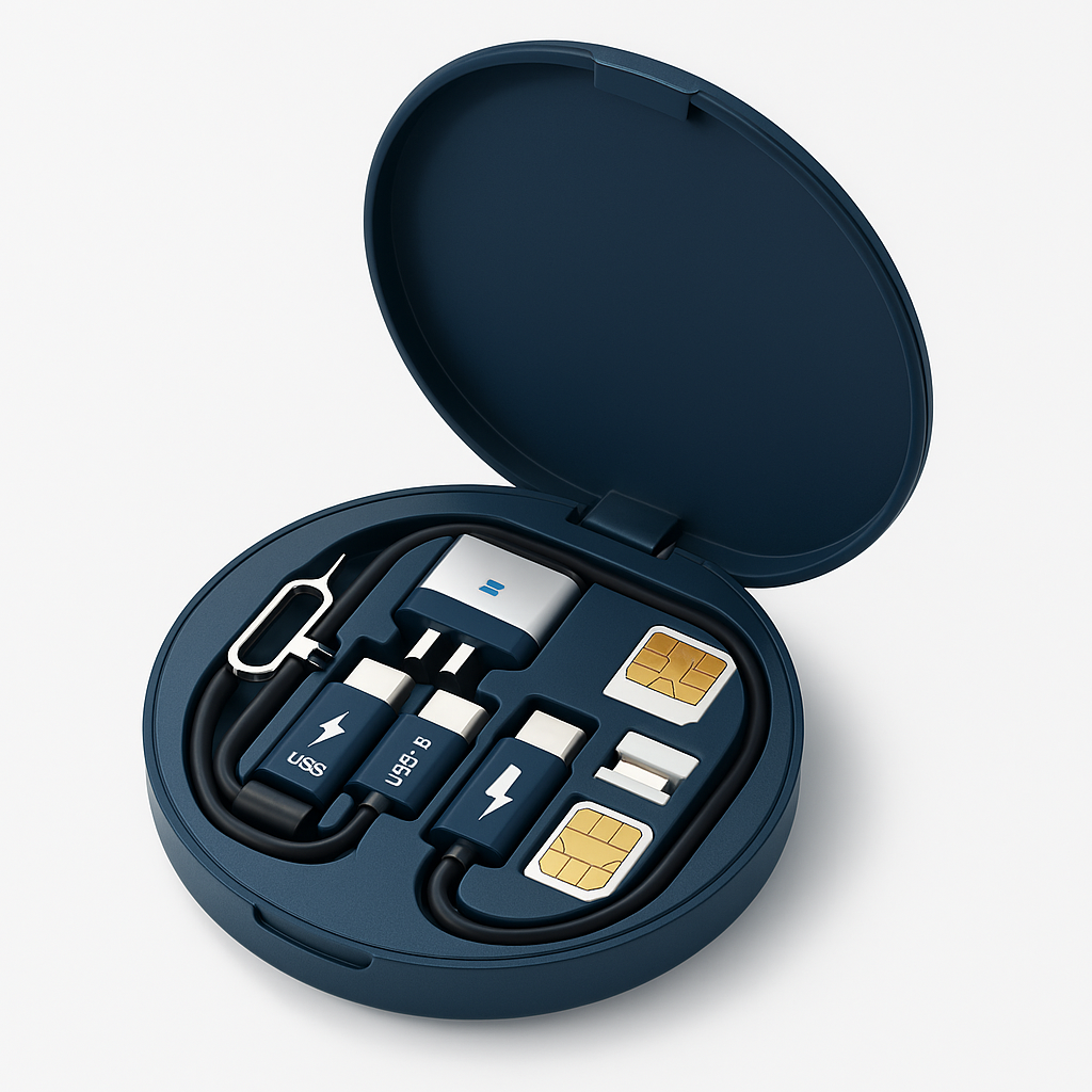 Estuche Viajero con Adaptadores USB, Cable de Carga y Herramienta SIM®