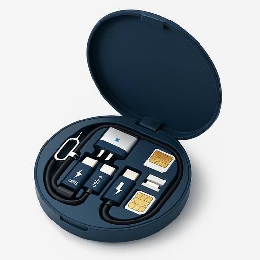 Estuche Viajero con Adaptadores USB, Cable de Carga y Herramienta SIM®