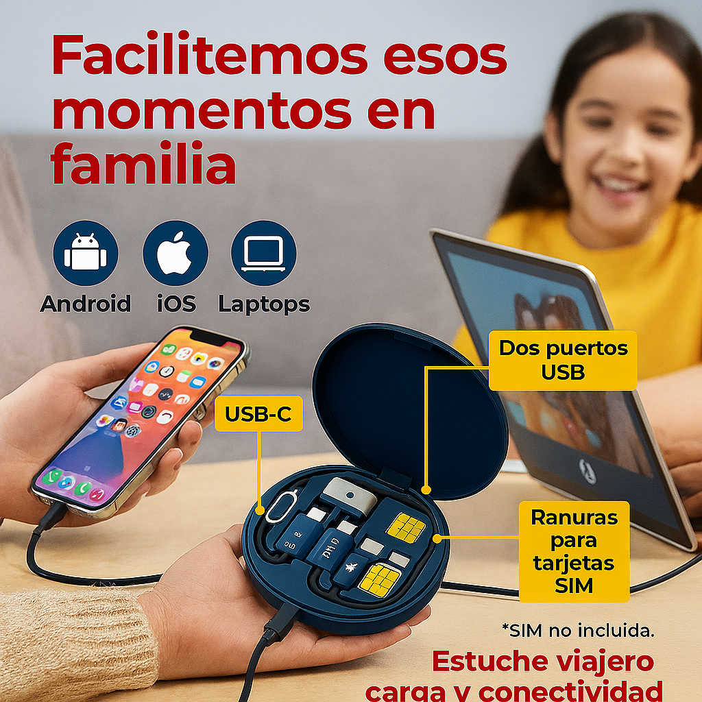 Estuche Viajero con Adaptadores USB, Cable de Carga y Herramienta SIM®